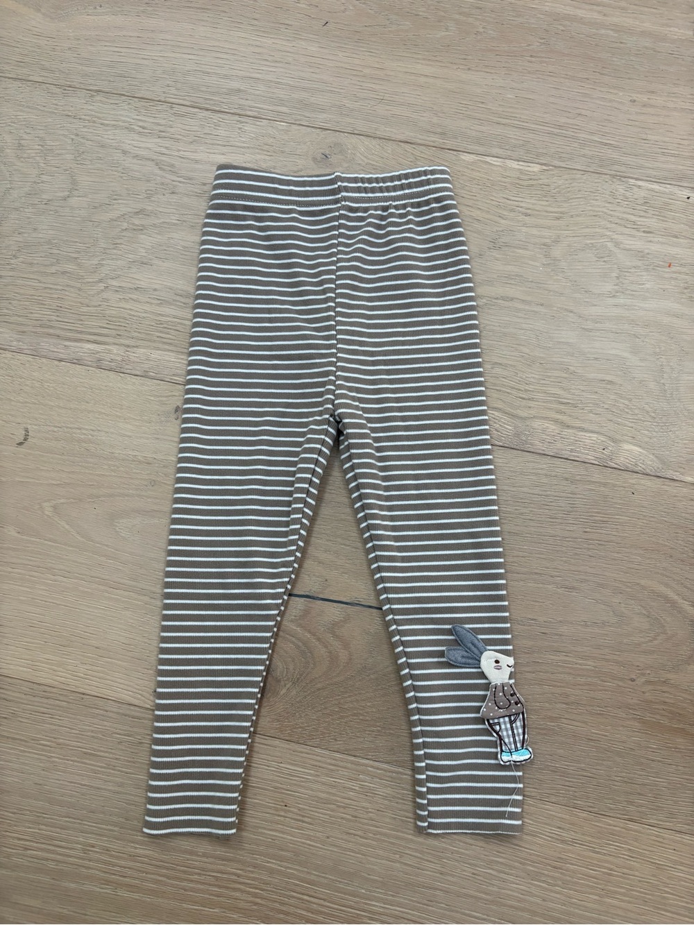 Kids Taupe & White Striped Leggings with Bunny Patch